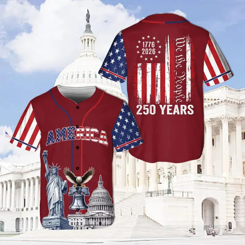 USA 250 Years Baseball Jersey, 1776–2026 Semiquincentennial Patriotic Jersey, We The People Eagle Statue of Liberty 4th of July Jersey - Multiple Colors Available