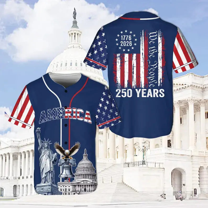 USA 250 Years Baseball Jersey, 1776–2026 Semiquincentennial Patriotic Jersey, We The People Eagle Statue of Liberty 4th of July Jersey - Multiple Colors Available