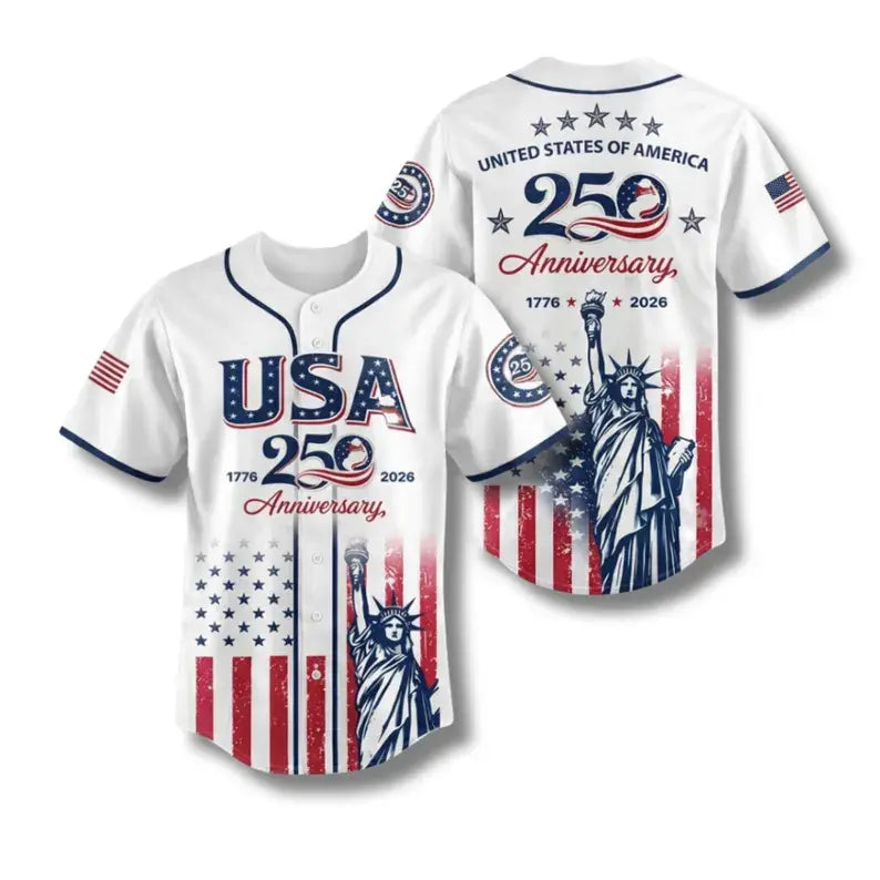USA 250th Anniversary Baseball Jersey, Patriotic Statue of Liberty Print Shirt, Unisex Independence Day 4th of July Outfit, 1776–2026 Semiquincentennial Patriotic Jersey
