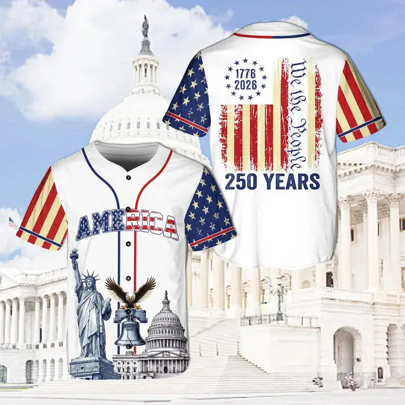 USA 250 Years Baseball Jersey, 1776–2026 Semiquincentennial Patriotic Jersey, We The People Eagle Statue of Liberty 4th of July Jersey - Multiple Colors Available