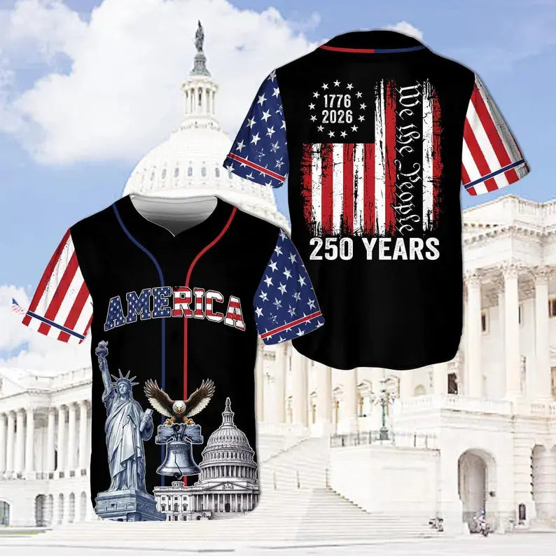 USA 250 Years Baseball Jersey, 1776–2026 Semiquincentennial Patriotic Jersey, We The People Eagle Statue of Liberty 4th of July Jersey - Multiple Colors Available